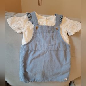 Eyelet blouse with ruffled sleeve blue corduroy jumper dress, 12-18 mo, H&M